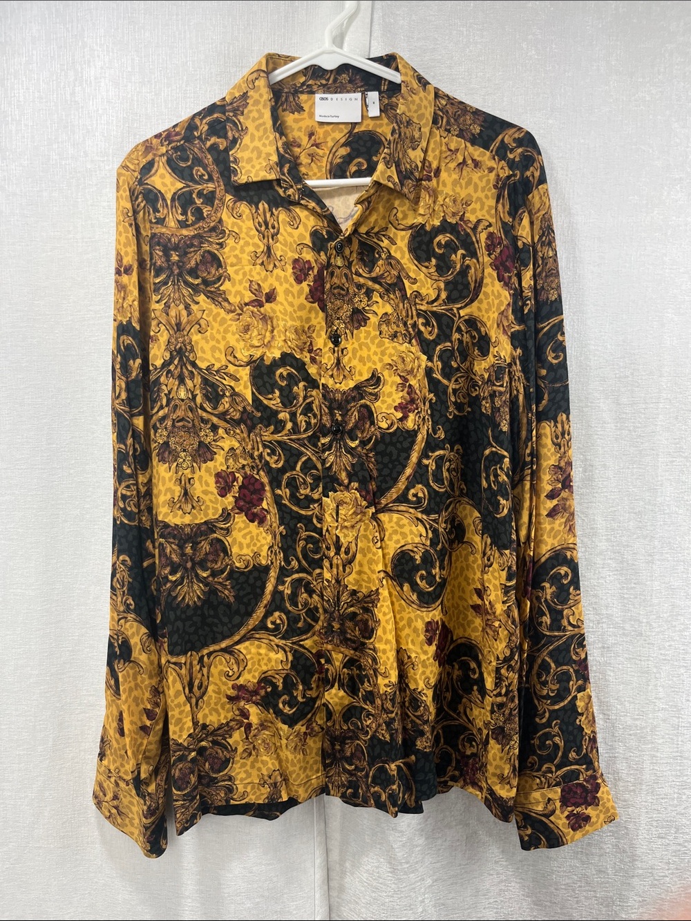 Men's Mustard Baroque Print Button-Down Shirt
